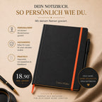 Das A5-Notizbuch mit Schreibgerät in Schwarz-Orange von Artoz Papier AG wird mit individueller Namensgravur, karierten Seiten und hochwertigem PU-Leder geliefert. Inkl. goldener Accessoires. Preis: 18,90 € inkl. Gravur.