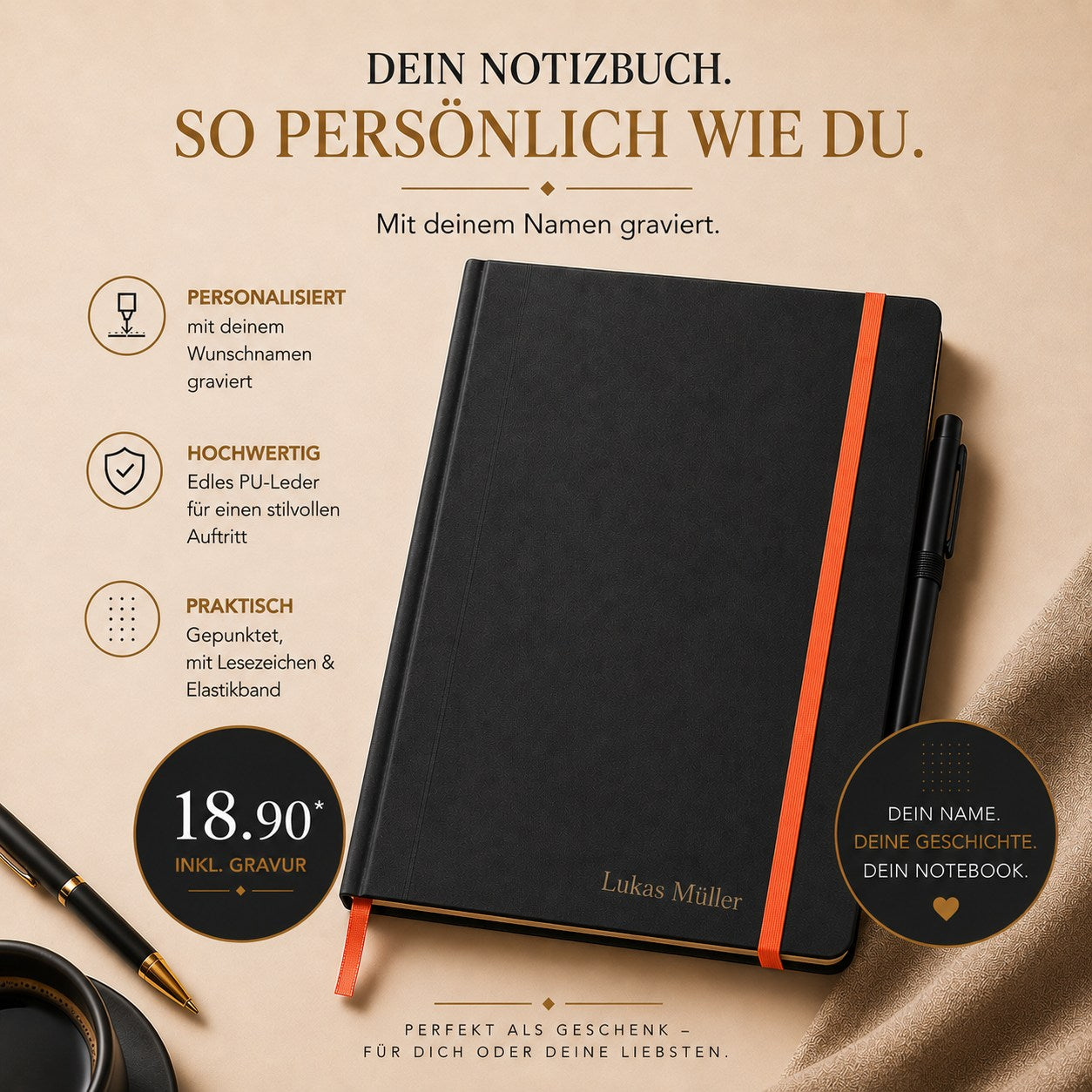Das A5-Notizbuch mit Schreibgerät in Schwarz-Orange von Artoz Papier AG wird mit individueller Namensgravur, karierten Seiten und hochwertigem PU-Leder geliefert. Inkl. goldener Accessoires. Preis: 18,90 € inkl. Gravur.