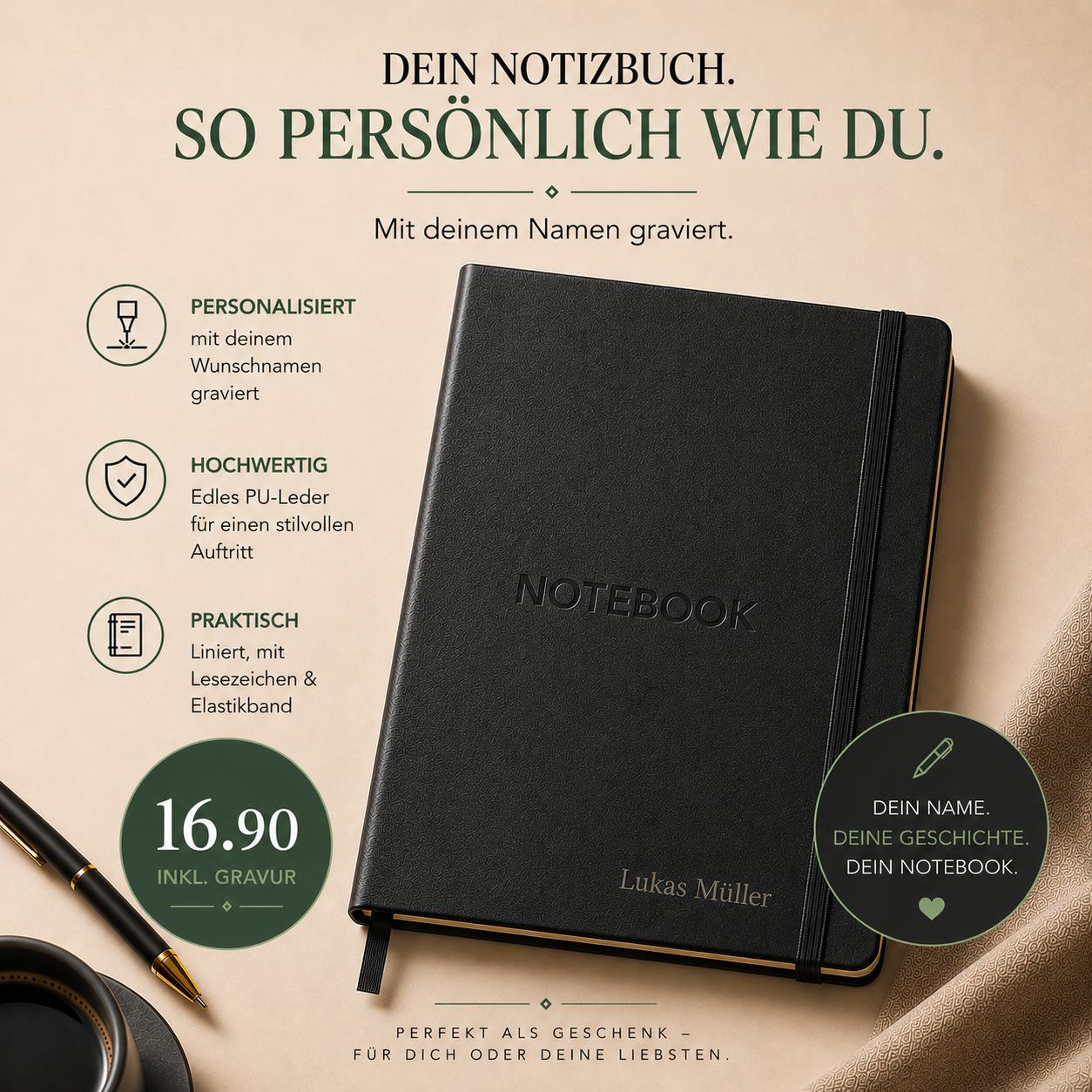 Le carnet de notes A5 d'Artoz Papier AG en noir est gravé à votre nom (16,90 € inkl. Gravur). La mention "NOTEBOOK" figure sur la couverture. Conseil d'expert ! L'étoffe et l'étoffe de coton sont des éléments de décoration à part entière.
