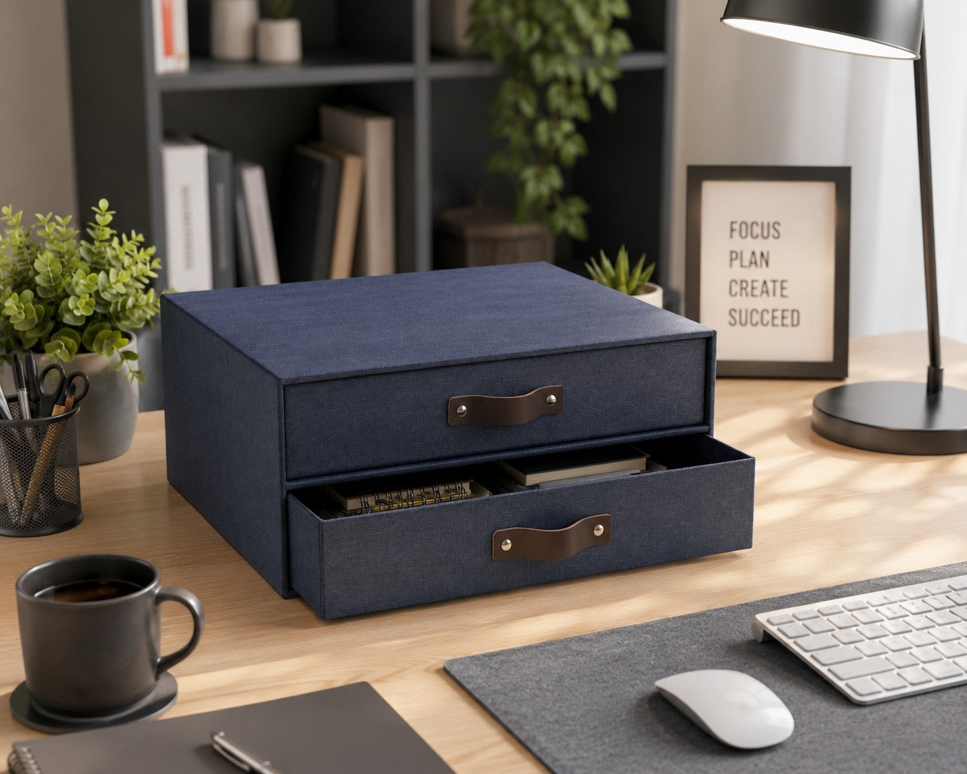 Un bureau moderne met en valeur le meuble à tiroirs bleu « Schubladenbox » d'Artoz Papier AG, au fini « Leinenoptik », ouvert pour exposer les fournitures de bureau. À proximité se trouvent une tasse à café, un cahier, un clavier, une lampe et une citation encadrée, tandis que des plantes et des étagères viennent agrémenter l'organisation du bureau.