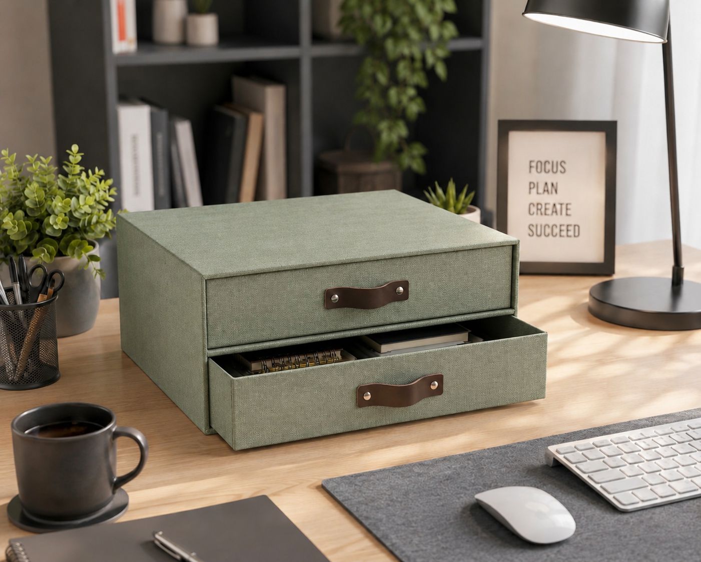 Auf einem modernen Schreibtisch steht die Schubladenbox von Artoz Papier AG in Leinenoptik, in der sich Notizbücher befinden. Daneben stehen eine Kaffeetasse, eine Tastatur, ein Notizblock, Topfpflanzen, eine Lampe und ein gerahmtes Motivationszitat.