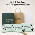 On voit trois pochettes cadeaux (verte, marron, blanche) et trois cartes « Herzbotschaft » enregistrables de la marque Artoz Papier AG. Le texte ci-dessus indique : « Lot de 3 pochettes cadeaux et 3 cartes enregistrables. » Le sac marron porte la mention « eine kleine Aufmerksamkeit ». Ce coffret cadeau unique d’Artoz Papier AG contient des sacs-cadeaux pratiques et des cartes enregistrables permettant d’enregistrer un message vocal personnalisé, afin d’apporter une touche spéciale à chaque occasion.