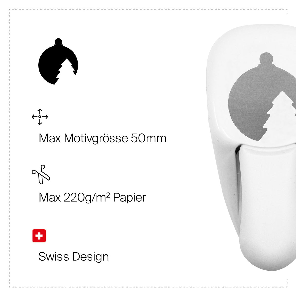 La perforatrice à papier blanche « Stanzer M Weihnachtskugel » d'Artoz Papier AG permet de réaliser une découpe circulaire représentant une décoration de Noël, idéale pour la création de cartes et les projets créatifs. La description indique une taille maximale du motif de 50 mm ; elle convient à du papier d'un grammage allant jusqu'à 220 g/m² et présente un design suisse avec une icône représentant le drapeau suisse.