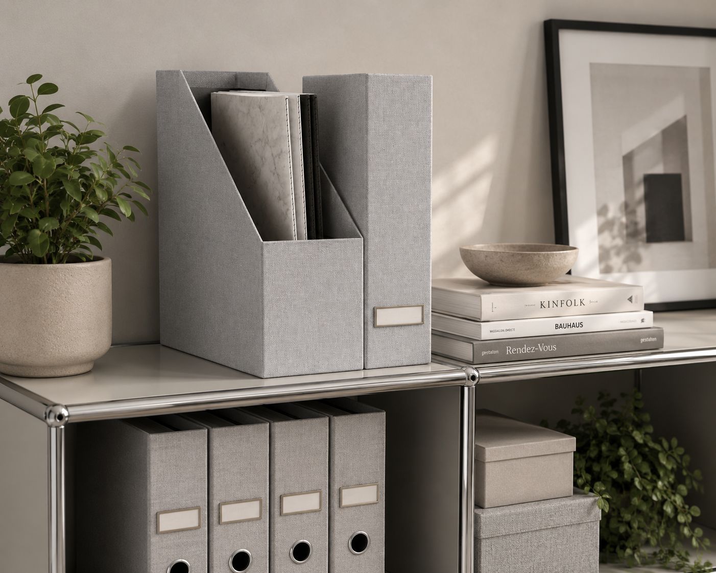 Une étagère moderne pour bureau à domicile, agrémentée de boîtes de rangement grises à l'aspect lin, du présentoir à livres « Artoz Papier AG 2er Stehsammler » rempli d'ouvrages, d'une plante d'intérieur, de livres empilés, d'un bol peu profond et d'une photo encadrée, crée un espace de travail minimaliste et bien rangé.