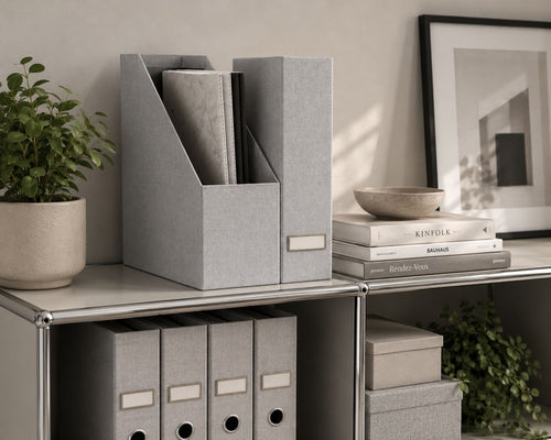 Une étagère moderne pour bureau à domicile, agrémentée de boîtes de rangement grises à l'aspect lin, du présentoir à livres « Artoz Papier AG 2er Stehsammler » rempli d'ouvrages, d'une plante d'intérieur, de livres empilés, d'un bol peu profond et d'une photo encadrée, crée un espace de travail minimaliste et bien rangé.