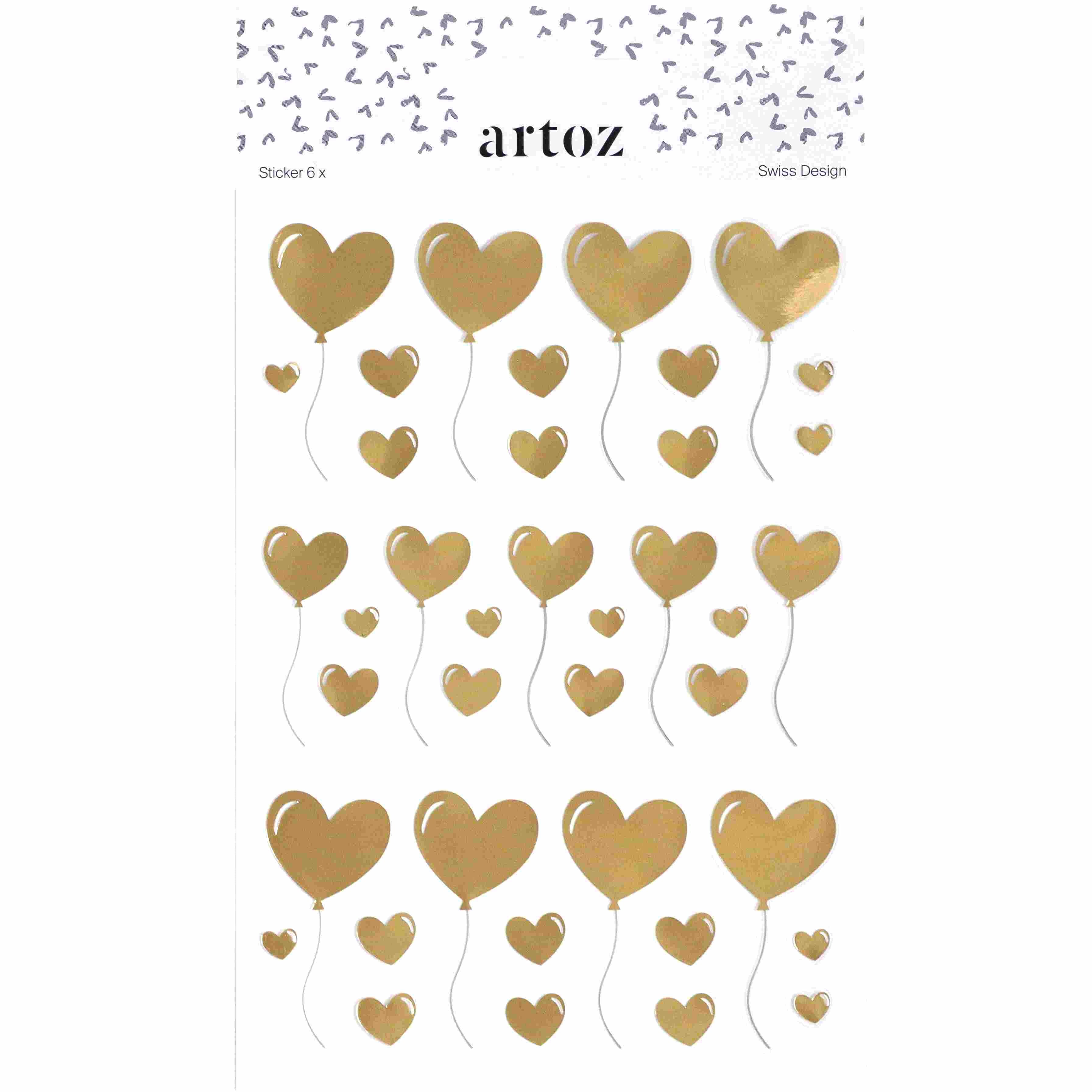 L'autocollant "Herzballon" d'Artoz Papier AG présente des ballons autocollants dorés en forme de cœur avec de fines ficelles en dessous, disposés en rangées. La bordure supérieure de la feuille présente de petits cœurs gris sur fond blanc - idéal pour les Bastelideen.