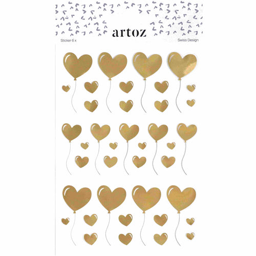 L'autocollant "Herzballon" d'Artoz Papier AG présente des ballons autocollants dorés en forme de cœur avec de fines ficelles en dessous, disposés en rangées. La bordure supérieure de la feuille présente de petits cœurs gris sur fond blanc - idéal pour les Bastelideen.