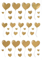 Des rangées d'autocollants dorés "Herzballon" d'Artoz Papier AG avec des ficelles blanches alternent avec des petits cœurs dorés sur fond blanc - idéal pour les Bastelideen ou pour ajouter une touche de charme à vos travaux manuels.