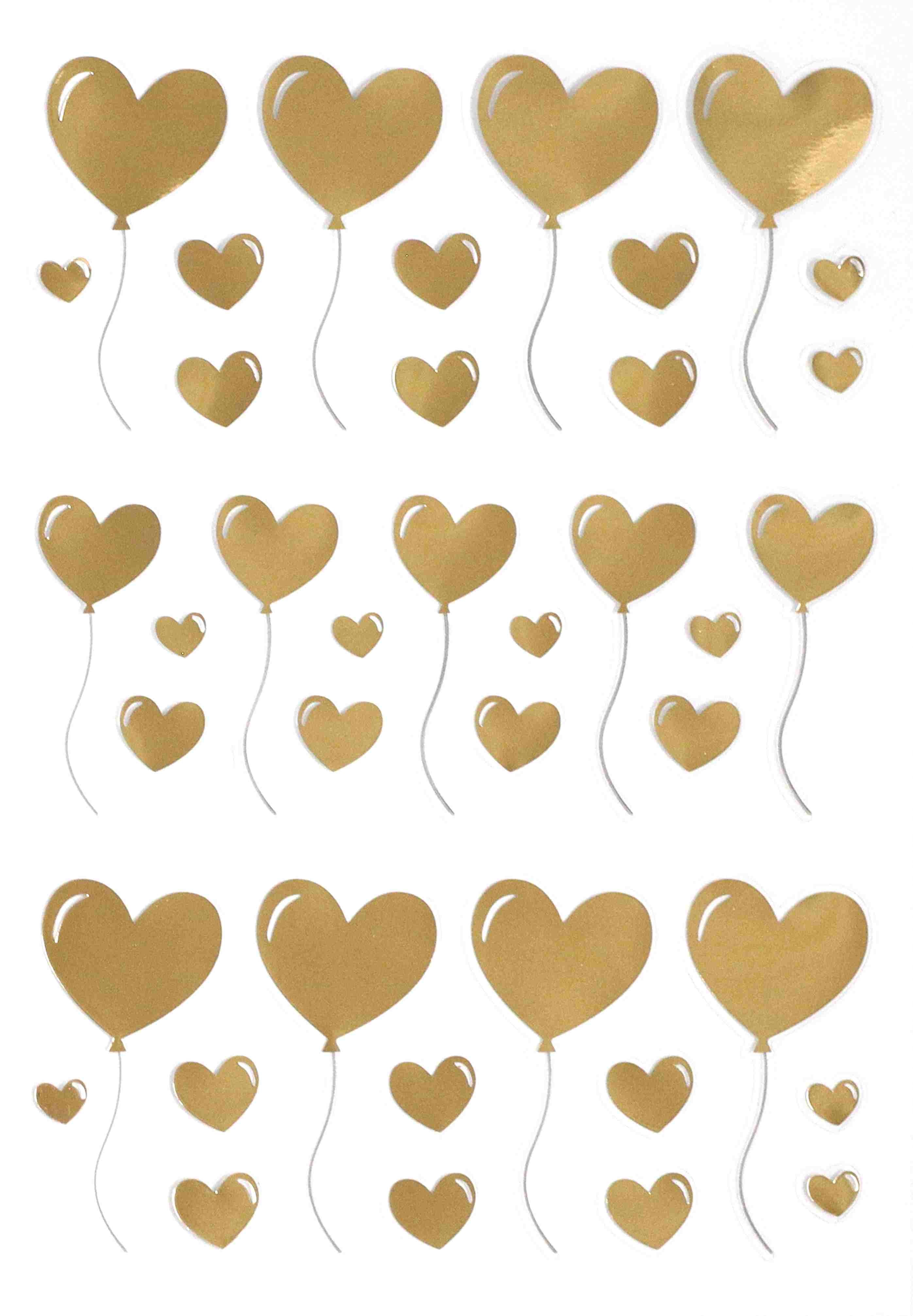 Des rangées d'autocollants dorés "Herzballon" d'Artoz Papier AG avec des ficelles blanches alternent avec des petits cœurs dorés sur fond blanc - idéal pour les Bastelideen ou pour ajouter une touche de charme à vos travaux manuels.