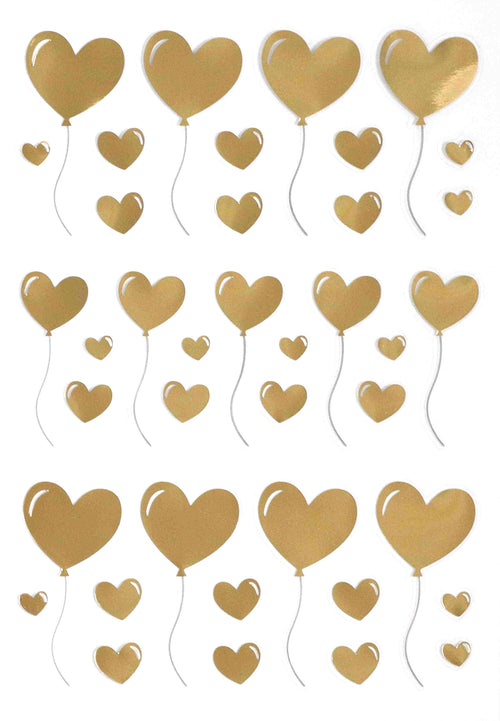 Des rangées d'autocollants dorés "Herzballon" d'Artoz Papier AG avec des ficelles blanches alternent avec des petits cœurs dorés sur fond blanc - idéal pour les Bastelideen ou pour ajouter une touche de charme à vos travaux manuels.