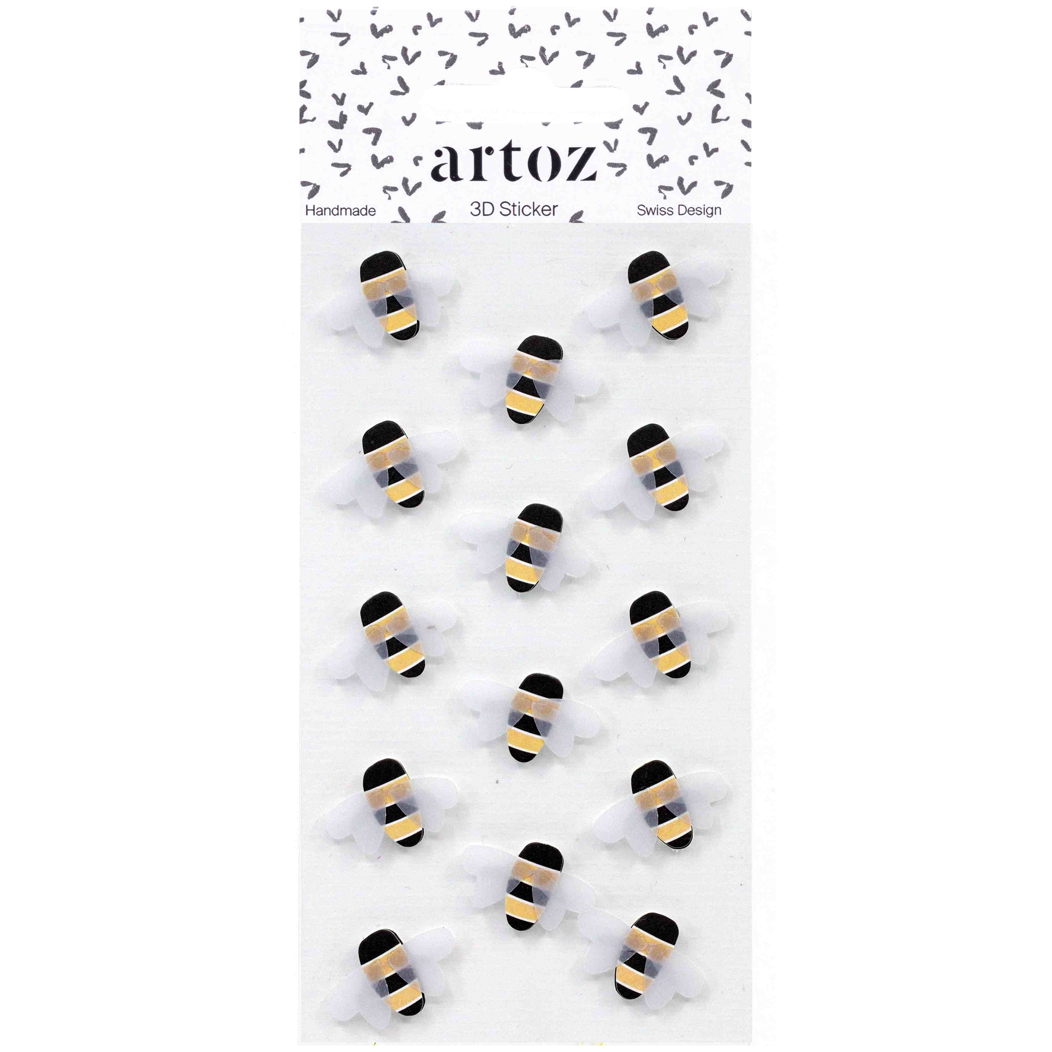 L'autocollant 3D "Biene" d'Artoz Papier AG représente d'adorables abeilles de dessin animé, rayées de noir, de blanc et de jaune, sur une feuille blanche rehaussée d'un cœur noir - idéal pour les fans de Schweizer Design.