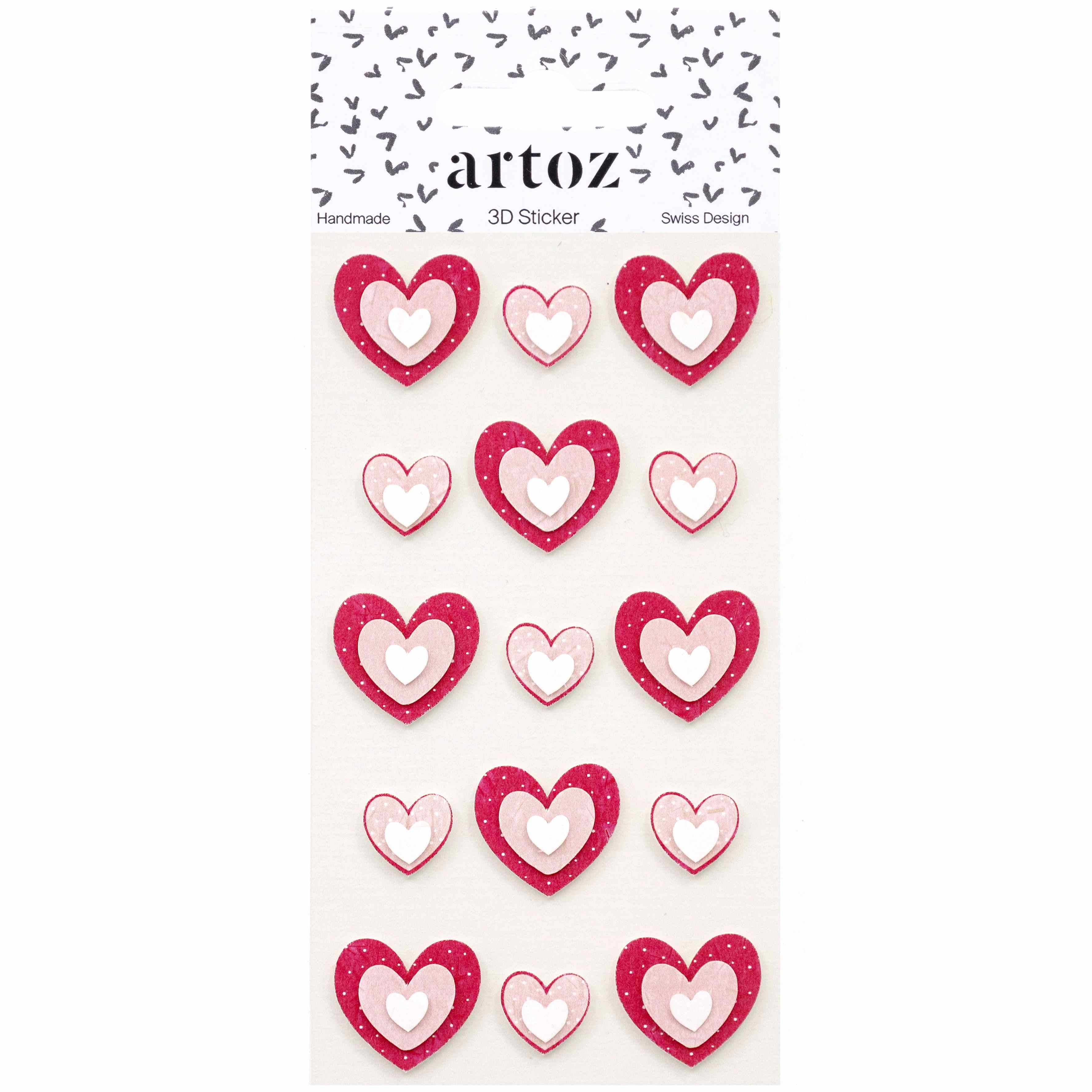 Artoz Papier AG's Artoz 3D Sticker "Herzen" : autocollants en forme de cœur de différentes tailles roses et rouges, avec des pois blancs et des cœurs à l'intérieur. Charmant design suisse.