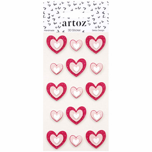 Artoz Papier AG's Artoz 3D Sticker "Herzen" : autocollants en forme de cœur de différentes tailles roses et rouges, avec des pois blancs et des cœurs à l'intérieur. Charmant design suisse.