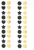 L'autocollant "Mini Icons Basic" d'Artoz Papier AG présente quatre colonnes de cercles, de cœurs et d'étoiles noirs, dorés ou vierges sur fond blanc, idéales pour la décoration de cadeaux grâce à leur motif répétitif élégant.