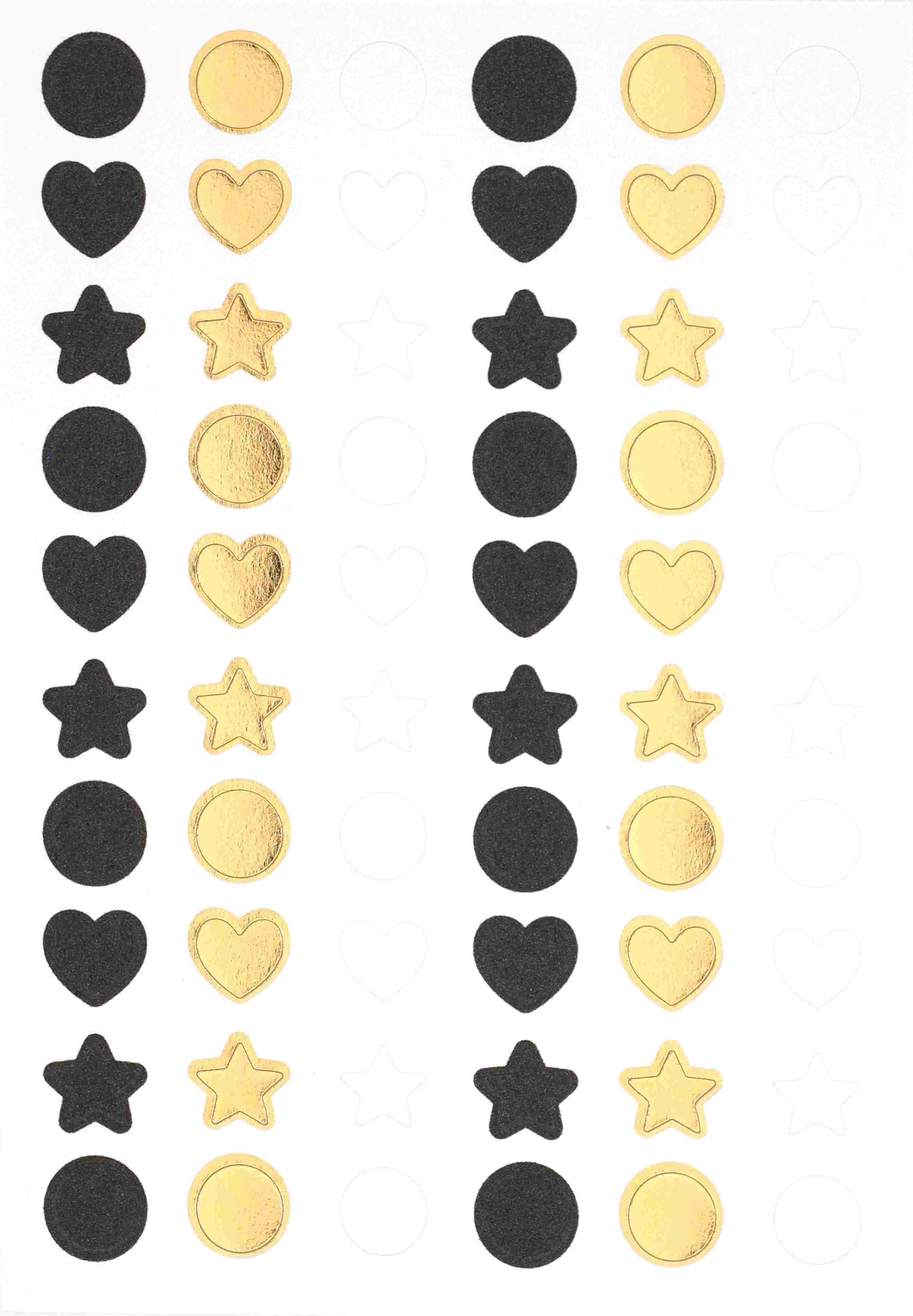 L'autocollant "Mini Icons Basic" d'Artoz Papier AG présente quatre colonnes de cercles, de cœurs et d'étoiles noirs, dorés ou vierges sur fond blanc, idéales pour la décoration de cadeaux grâce à leur motif répétitif élégant.