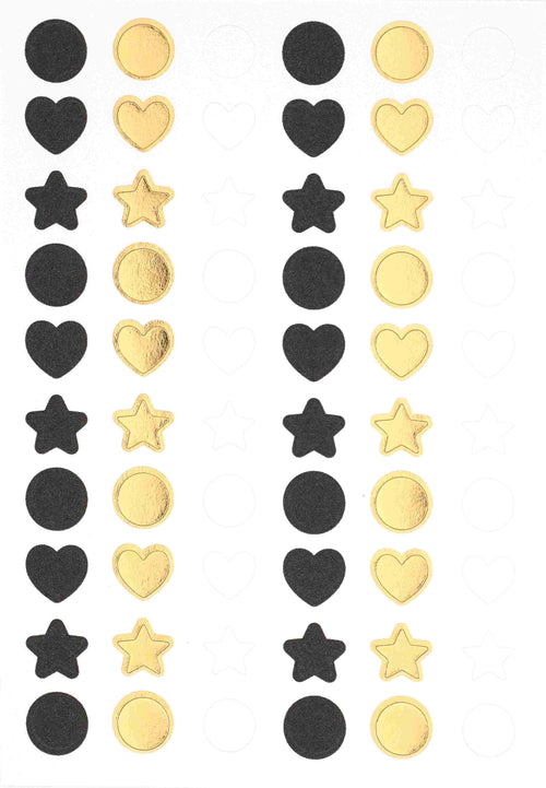 L'autocollant "Mini Icons Basic" d'Artoz Papier AG présente quatre colonnes de cercles, de cœurs et d'étoiles noirs, dorés ou vierges sur fond blanc, idéales pour la décoration de cadeaux grâce à leur motif répétitif élégant.
