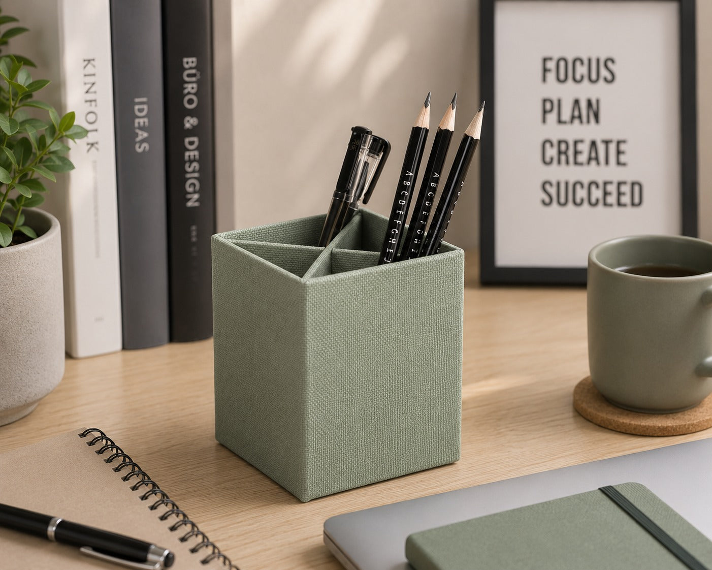 Le porte-stylos Artoz Papier AG, de couleur verte, vous permet de ranger vos stylos et crayons noirs sur un bureau en bois, à côté d'une tasse à café, d'un cahier, de plantes et de livres : un équipement de bureau à domicile idéal pour vous aider à VOUS CONCENTRER, PLANIFIER, CRÉER ET RÉUSSIR.