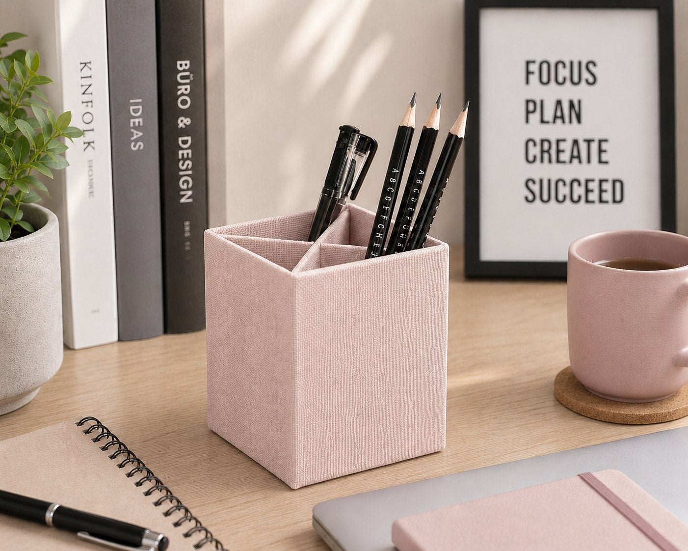 Le porte-stylos Artoz Papier AG permet de ranger vos stylos et crayons sur votre bureau, à côté d'un cahier, d'un ordinateur portable, d'une tasse de café, d'une plante et de livres : un organiseur de bureau idéal pour tout aménagement de bureau à domicile.