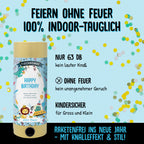 L'Artoz Papier AG Tischbombe ohne Feuer - Happy Birthday Boy est représenté sur un fond sarcelle avec des confettis. Parfaite pour le Nouvel An, elle est 100 % sûre pour l'intérieur, silencieuse, sans danger pour les enfants et adaptée à tous - pas besoin de feu !.