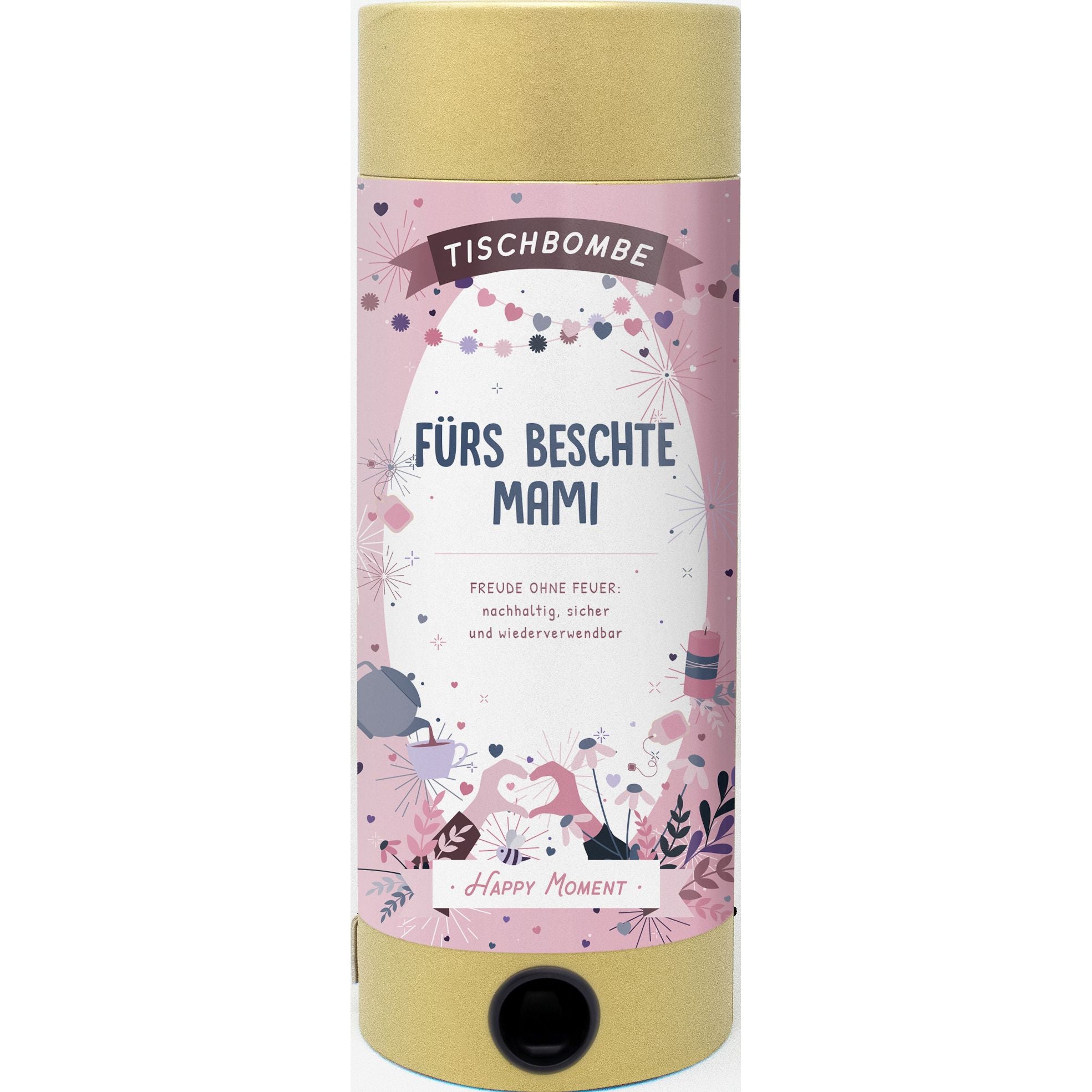 Die Artoz Papier AG Tischbombe ohne Feuer - Muttertag ist mit ihrer pastellrosa und goldfarbenen Herz-Blumen-Verpackung und der Aufschrift "Tischbombe fürs beschenkte Mami" perfekt für eine fröhliche Muttertagsfeier.