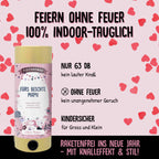 Eine deutsche Anzeige für die "Tischbombe ohne Feuer - Muttertag" von Artoz Papier AG: Hervorgehoben sind u.a. "Feiern ohne Feuer", "100% indoor-tauglich", "nur 63 dB, kein lauter Knall", "kindersicher" & ideal als Tischbombe - raketenfrei feiern!.