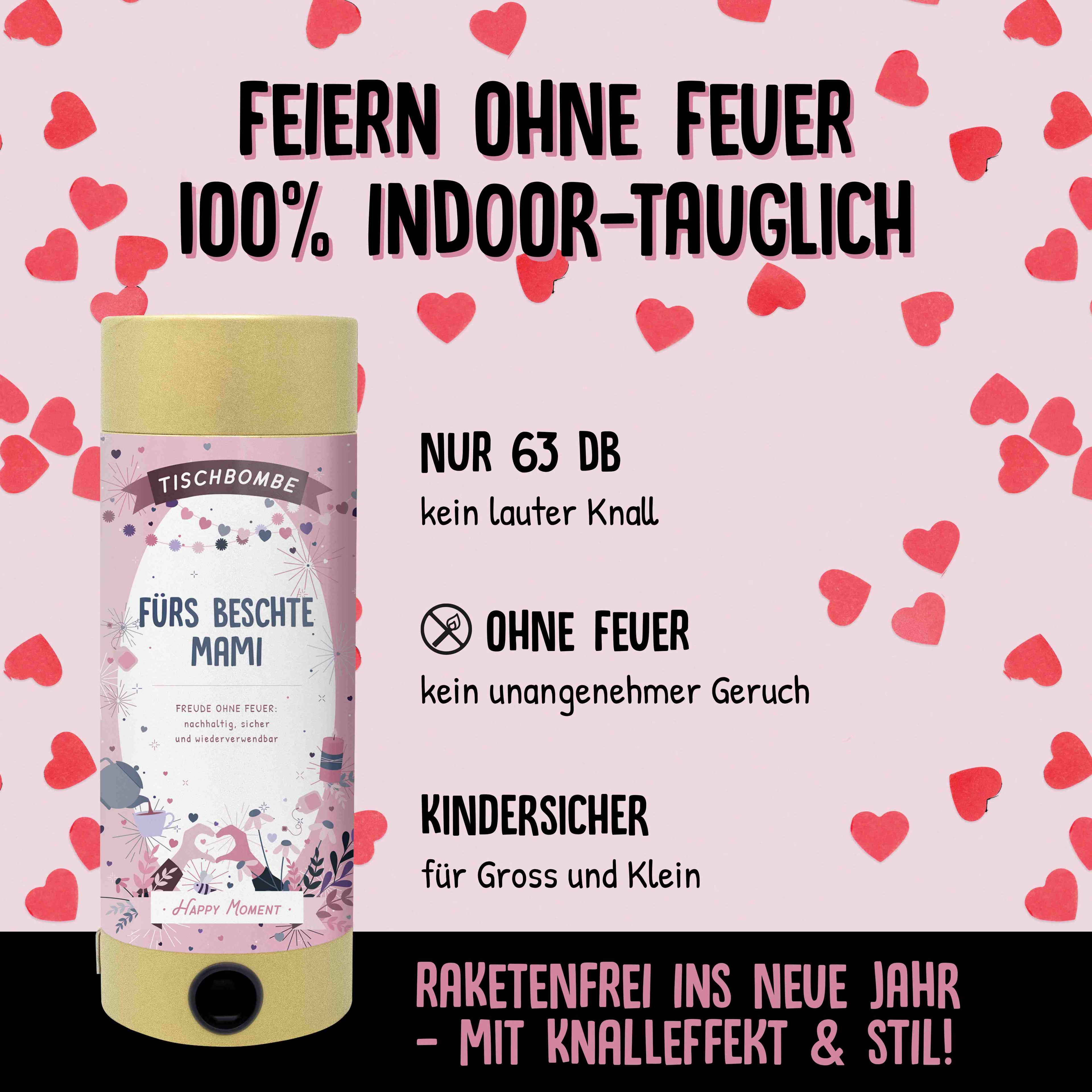 Eine deutsche Anzeige für die "Tischbombe ohne Feuer - Muttertag" von Artoz Papier AG: Hervorgehoben sind u.a. "Feiern ohne Feuer", "100% indoor-tauglich", "nur 63 dB, kein lauter Knall", "kindersicher" & ideal als Tischbombe - raketenfrei feiern!.