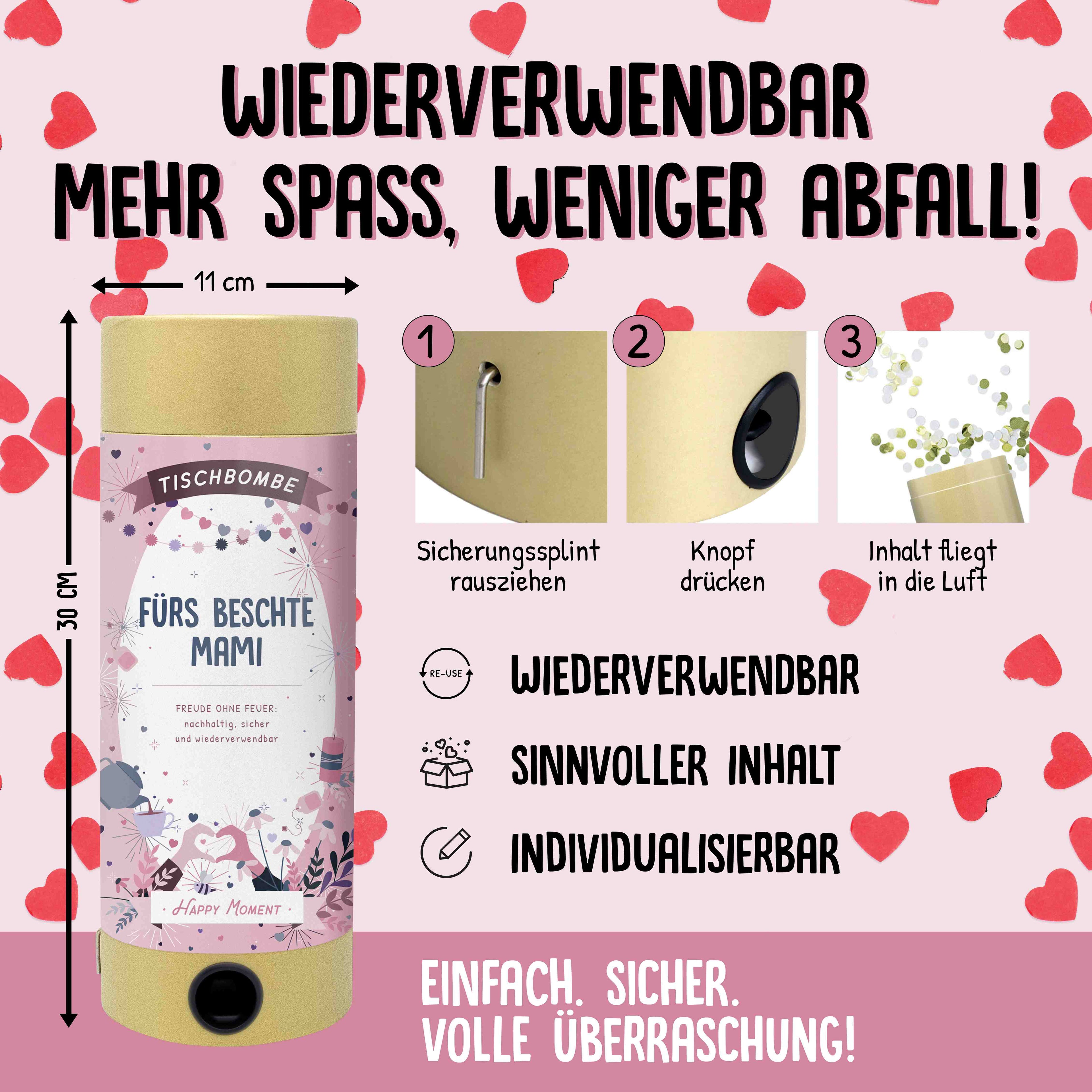 Eine lebendige Infografik stellt die Tischbombe ohne Feuer - Muttertag von Artoz Papier AG vor, mit einfachen Schritten, Top-Features (wiederverwendbar, sicherer Inhalt, individuell gestaltbar) und rosa Herzen neben fetten deutschen Texten zum Muttertag.