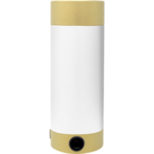 Le A4 Klebefolie zum selber bedrucken d'Artoz Papier AG est un appareil cylindrique dont le dessus et le dessous sont beiges, le corps est blanc comme une feuille imprimable et une petite caméra ou un capteur circulaire noir se trouve sur la partie inférieure de l'avant.