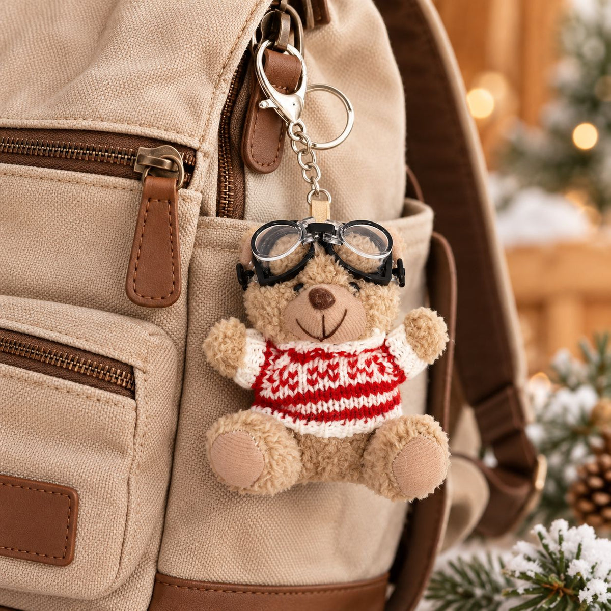 Un pendentif en forme d'ours en peluche portant des lunettes de ski, fabriqué par Artoz Papier AG, est accroché à la fermeture éclair d'un sac à dos beige. Le petit ours en peluche porte un pull rouge et blanc ainsi que des lunettes de ski. En arrière-plan, des lumières floues et des brindilles vertes créent une ambiance chaleureuse : un charmant cadeau d'hiver !.