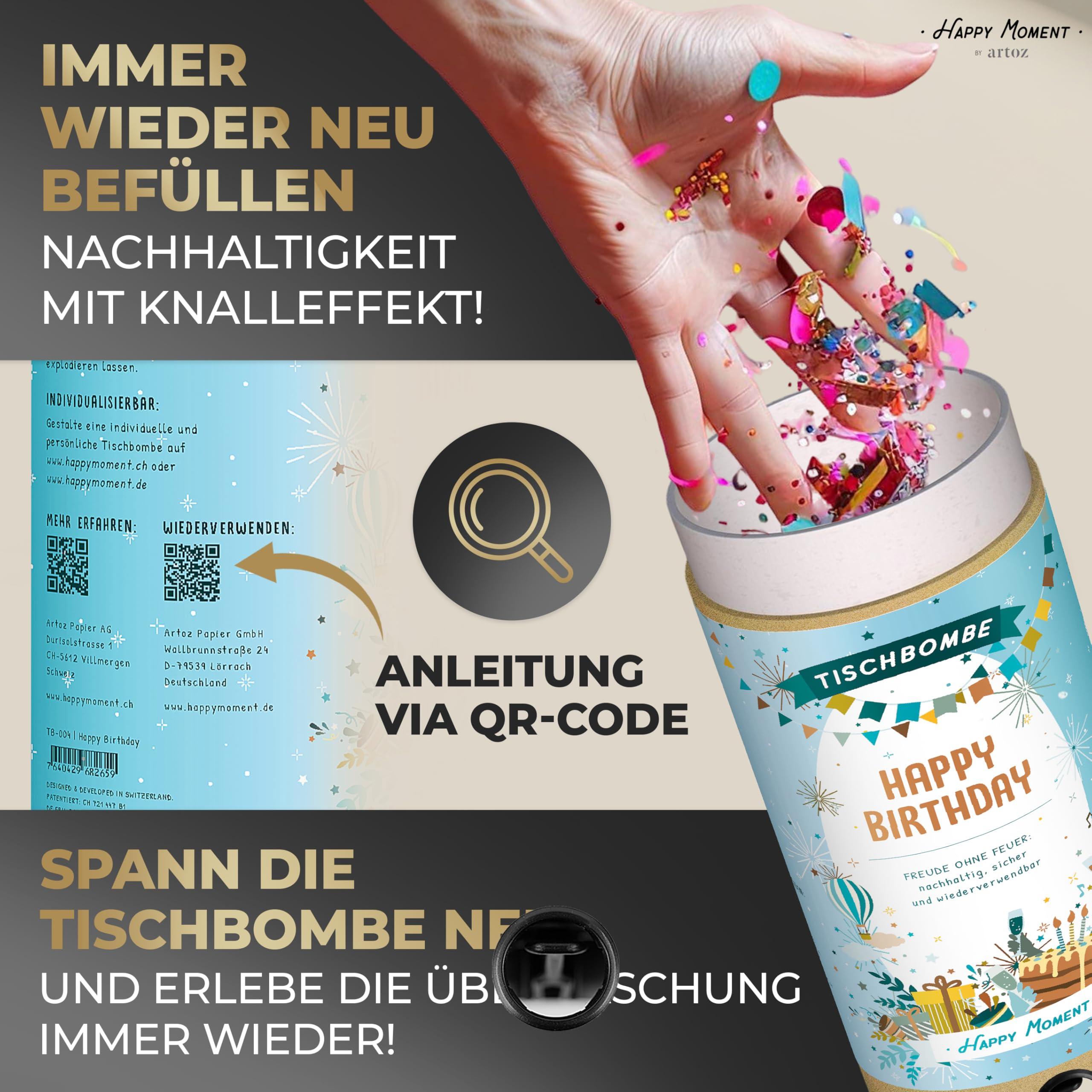 Tischbombe "Happy Birthday" 3er Set gemischt