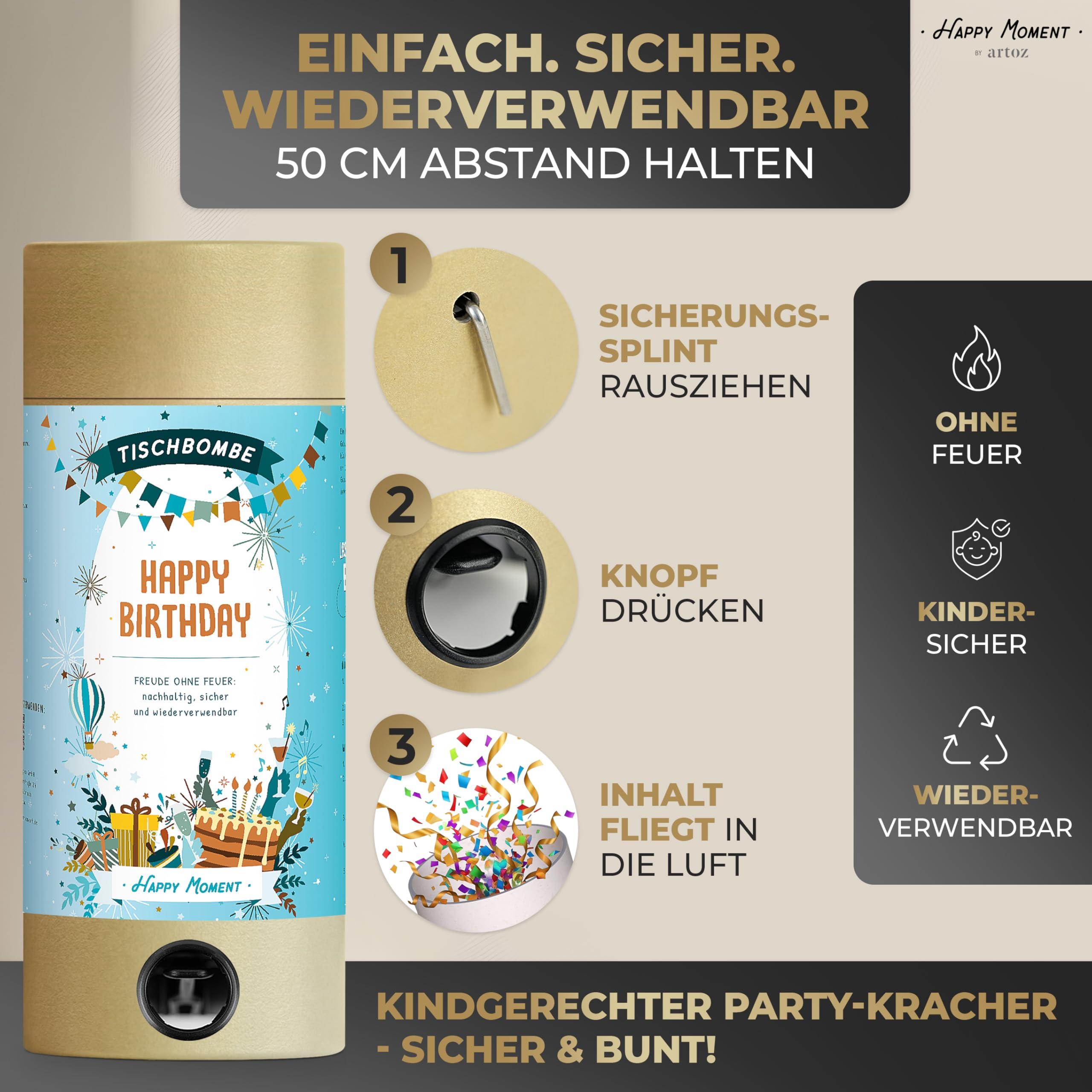 Tischbombe "Happy Birthday" 3er Set gemischt