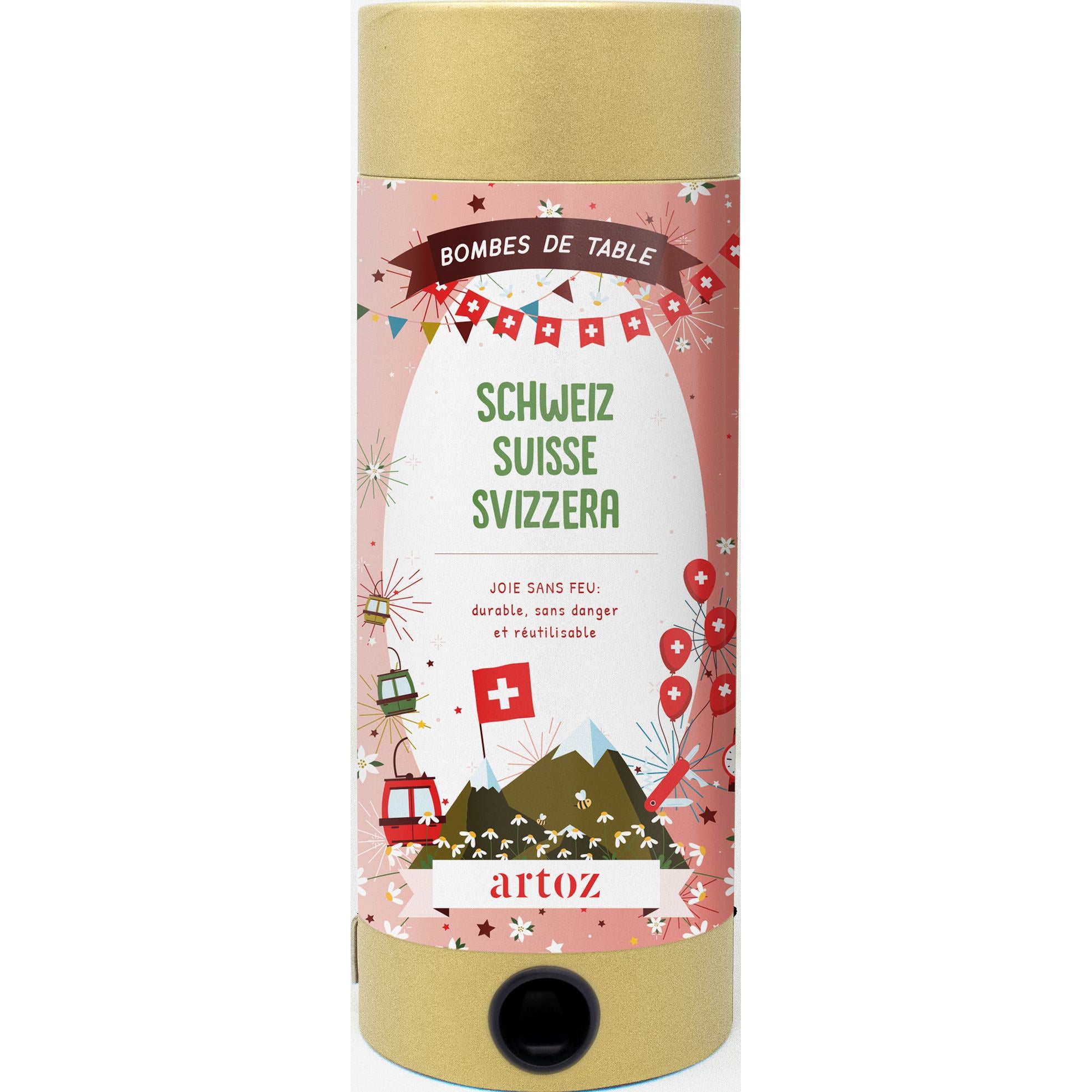 Ein festliches, kindersicheres Party-Accessoire: Die zylindrische Tischbombe ohne Feuer - Schweiz der Artoz Papier AG zeigt Schweizer Motive wie Berge, Fahnen, Seilbahnen und Feuerwerk in einer wiederverwendbaren Verpackung in Rosa, Rot und Gold.