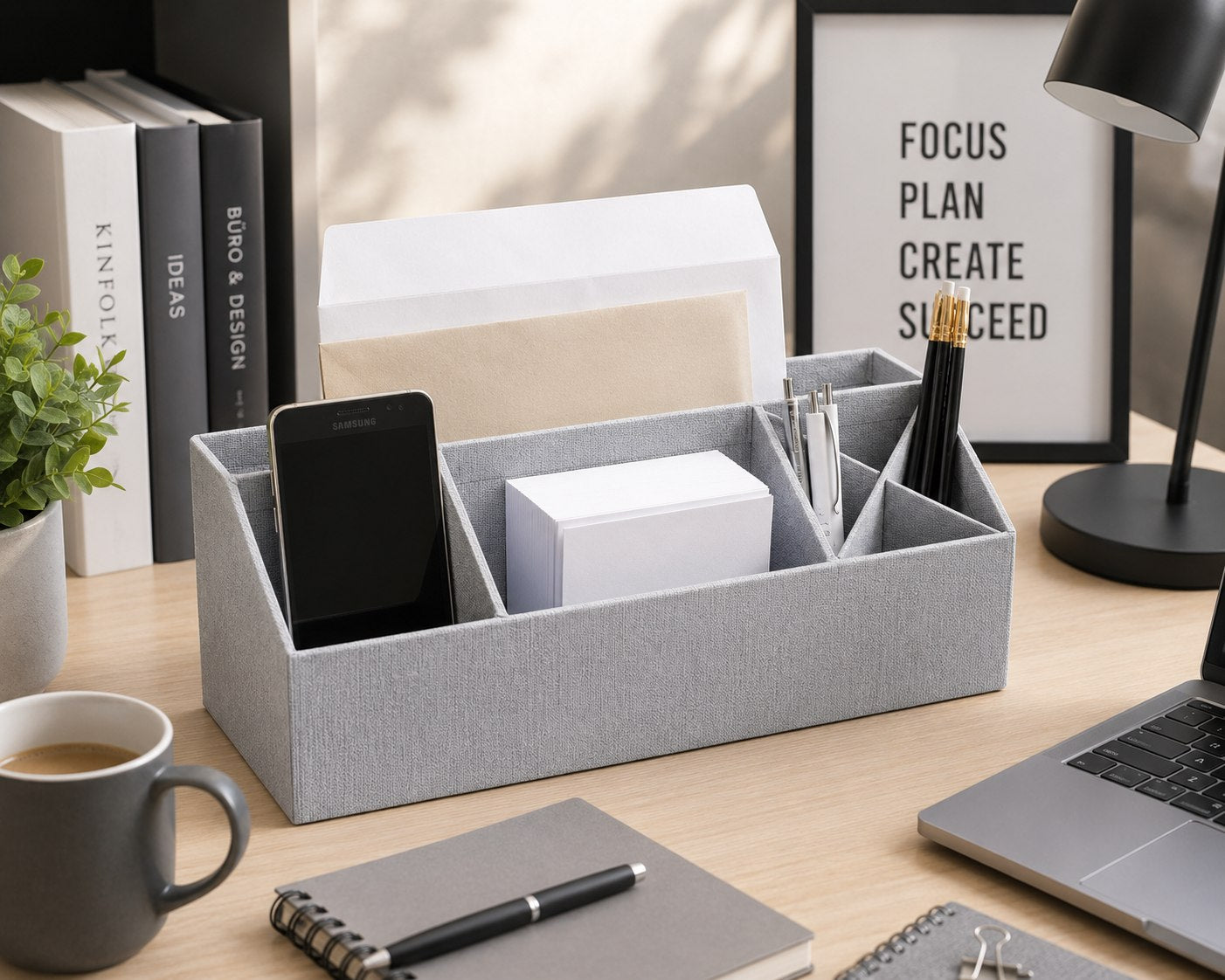 L'organiseur de bureau « Tisch Organisator » d'Artoz Papier AG, de couleur grise aspect lin, vous permet de ranger soigneusement votre smartphone, vos stylos, vos enveloppes et vos blocs-notes sur votre bureau. C'est l'accessoire de bureau idéal pour les espaces de travail bien organisés, équipés d'ordinateurs portables et agrémentés d'une décoration inspirante.