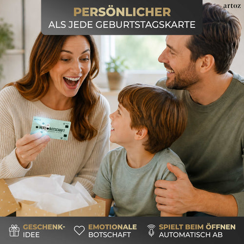 Eine lächelnde Frau hält eine Karte in der Hand, während sie mit einem Jungen und einem Mann zusammensitzt. Sie sehen glücklich aus und haben sich um eine geöffnete Geschenkbox versammelt. Der deutsche Text beschreibt die Karte als persönliches und emotionales Geburtstagsgeschenk – mit dem innovativen Soundmodul mit Lichtsensor aus dem 5er-Set „Ton-Box Herzbotschaft“ der Artoz Papier AG macht dieses Sprachaufnahme-Geschenk Geburtstage zu einem unvergesslichen Erlebnis.
