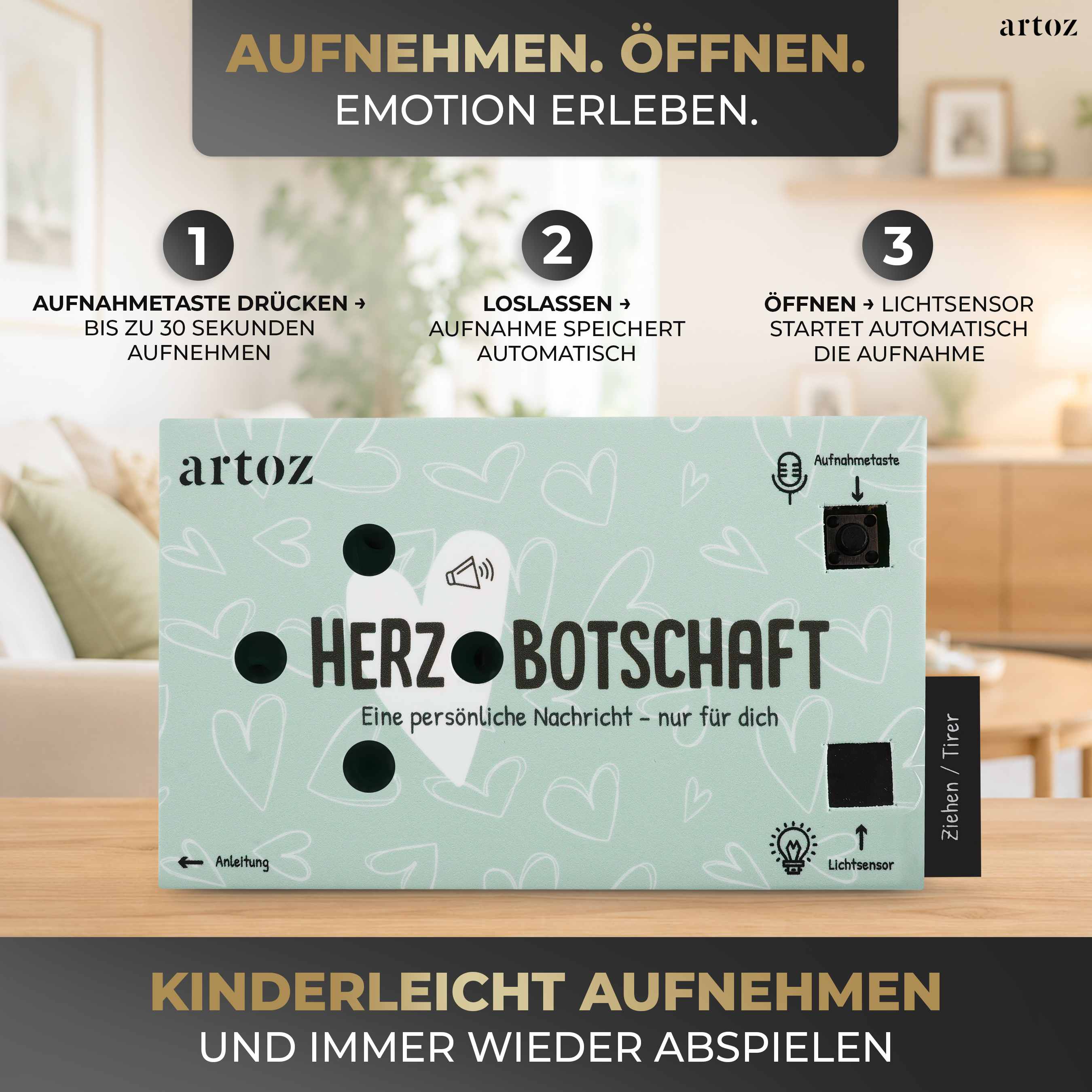 Ein mintgrüner Diktiergerät aus dem „5er-Set Ton-Box Herzbotschaft“ von Artoz Papier AG steht auf einem Tisch, darüber und darunter befinden sich Anleitungen. Nummerierte Schritte und Symbole erklären anschaulich, wie man eine persönliche Nachricht aufnimmt und abspielt, was dieses „Sprachaufnahme-Geschenk“ – ein Soundmodul mit Lichtsensor von Artoz Papier AG – zu einer liebevollen Möglichkeit macht, seine innigen Worte mitzuteilen.
