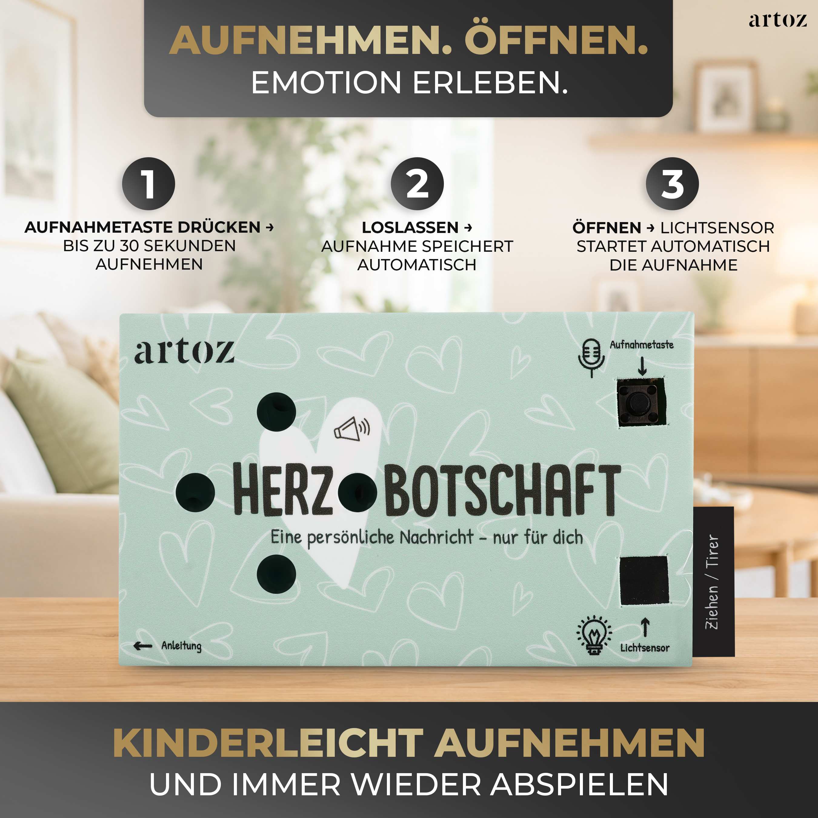Une Ton-Box Artoz Papier AG "Herzbotschaft" en vert menthe est posée sur une table, étiquetée Herzbotschaft. Des instructions simples expliquent : appuyez sur le bouton, prononcez votre message, relâchez pour le sauvegarder - un Geschenk Sprachaufnahme attentionné pour toutes les occasions.
