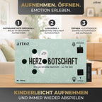 Auf einem Tisch steht ein Set hellgrüner Aufnahmegeräte der Firma Artoz Papier AG mit der Aufschrift „3er-Set Ton-Box Herzbotschaft“. Klare Beschriftungen und Symbole auf jeder Box zeigen, wie man herzliche Sprachnachrichten aufnimmt, stoppt und abspielt – was dieses Sprachaufnahme-Geschenk zu etwas ganz Besonderem macht. Die gemütliche, sanft beleuchtete Atmosphäre der Szene unterstreicht die Wärme, die diese Ton-Boxen zu jedem besonderen Anlass bringen.