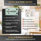 Eine Werbegrafik für das „5er-Set Herzbotschaft“ der Artoz Papier AG, die die innovative Artoz Tonbox präsentiert – eine wiederverwendbare, individuell gestaltbare Grußkarte, die mit einem Soundmodul und einem Lichtsensor ausgestattet ist. Genießen Sie einzigartige Funktionen wie das Aufnehmen persönlicher Sprachnachrichten oder Musik sowie ein flexibles Design für jeden Anlass – damit ist sie das perfekte Geschenk zum Aufnehmen von Sprachnachrichten.