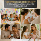 Vier Fotos zeigen Menschen, die bei fröhlichen Anlässen – einer Geburtstagsfeier, einer Hochzeit und familiären Momenten – Karten verschenken und erhalten; all diese Momente werden durch das „Herzbotschaft 3er-Set“ von Artoz Papier AG zu unvergesslichen Erlebnissen. Darüber steht der Text: VERWANDLE JEDEN MOMENT IN ETWAS BESONDERES & BLEIBE IN ERINNERUNG.