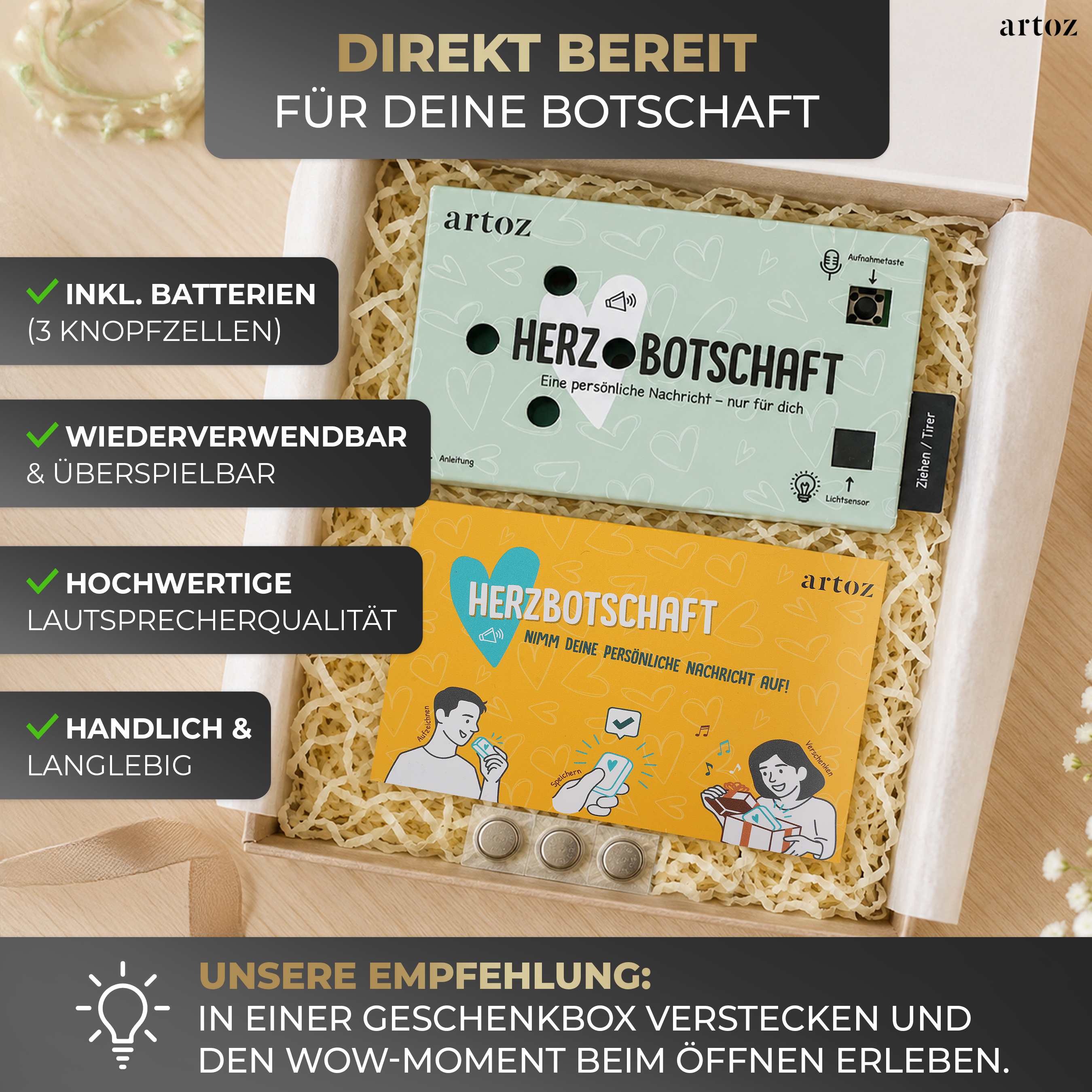 La Ton-Box "Herzbotschaft" d'Artoz Papier AG comprend deux cartes de messages Audio Grußkarte avec des boutons dans une paille. Avec ses piles, sa réutilisation, son son clair, sa taille compacte et sa durabilité, c'est un geschenk Sprachaufnahme parfait pour surprendre quelqu'un.