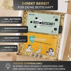 Drei „Ton-Box Herzbotschaft“-Geräte der Artoz Papier AG sind in Papierschnitzeln eingebettet und verfügen jeweils über ein Diktiergerät. Auf den Werbebannern werden ihre Vorteile hervorgehoben: Batterien im Lieferumfang enthalten, wiederverwendbares Design, hohe Lautsprecherqualität, Komfort und Langlebigkeit. Das 3er-Set „Ton-Box Herzbotschaft“ eignet sich perfekt als Geschenk zum Aufnehmen von Sprachaufnahmen – ideal, um herzliche Überraschungsbotschaften aufzunehmen und zu verschenken.