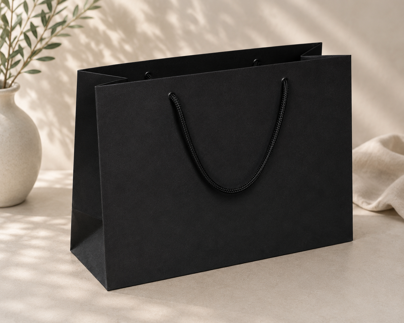 Un sac cadeau « Pure » de taille L, de couleur noir mat, fabriqué par Artoz Papier AG et muni de poignées en cordon noir, repose sur un support beige. À l'arrière-plan, un vase blanc orné de feuilles vertes et un tissu beige sont délicatement éclairés par une lumière naturelle et de légères ombres.