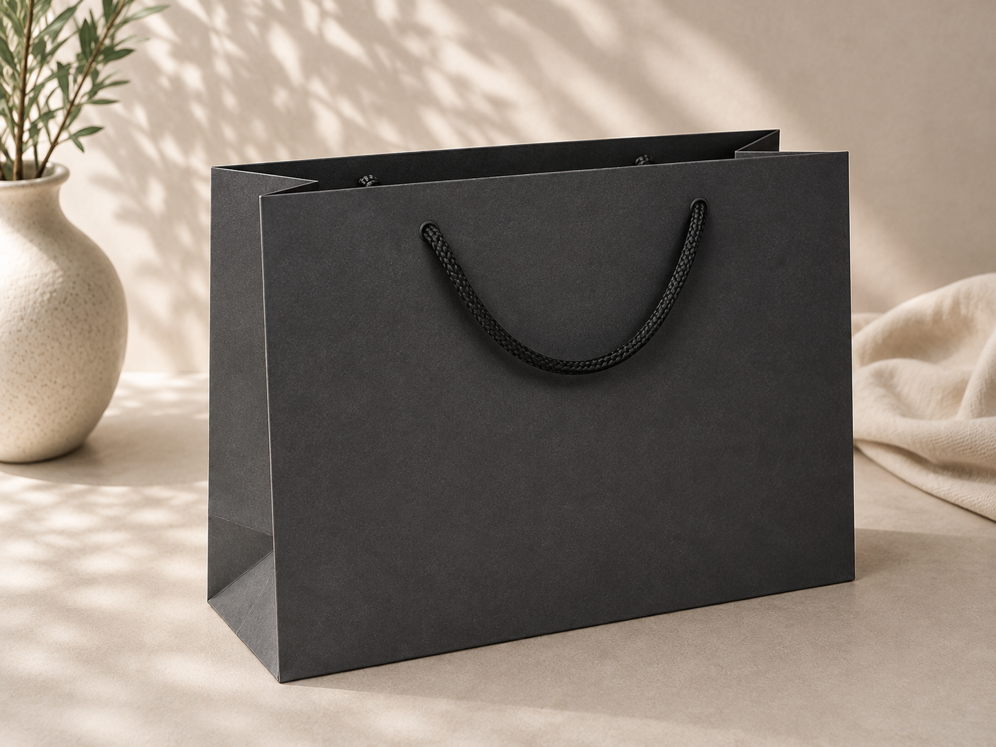 Eine Geschenktasche „Pure“ der Artoz Papier AG in Größe L in Schwarz mit schwarzen Kordelgriffen steht auf einer beigen Fläche. Sanfte Schatten von Blättern in der Nähe und eine Vase mit Grünpflanzen im Hintergrund schaffen eine minimalistische, elegante Atmosphäre.
