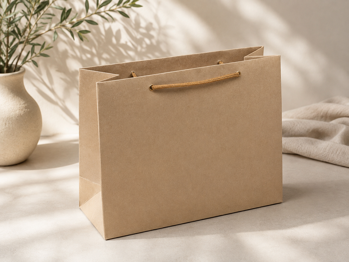 Un sac cadeau « Pure » de la société Artoz Papier AG, de taille L, d'un brun élégant et doté de poignées en corde robustes, est posé sur une surface claire ; à l'arrière-plan, on aperçoit une plante en pot et un tissu beige. La lumière du soleil projette de douces ombres et met particulièrement bien en valeur cet emballage raffiné.