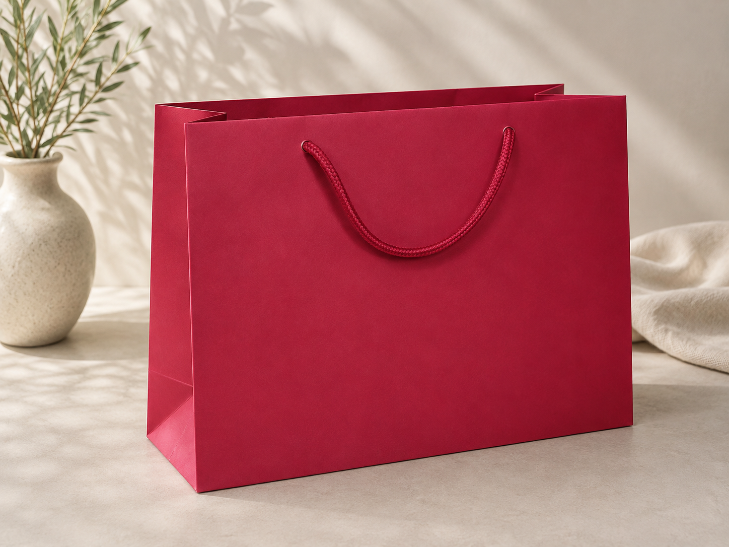 Eine große rote „Geschenk-Tragetasche Pure Größe L“ von Artoz Papier AG mit Kordelgriffen liegt auf einer beigen Fläche. Im Hintergrund werden eine cremefarbene Vase mit grünen Blättern und ein helles Tuch sanft vom Sonnenlicht beleuchtet, wodurch zarte Schatten entstehen.