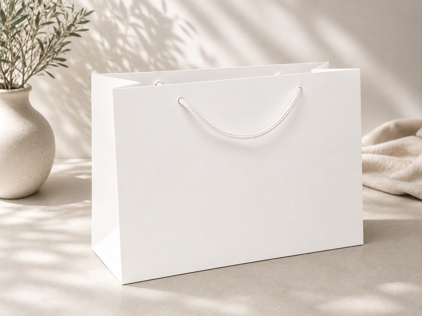 Eine große weiße Geschenktüte „Pure“ in Größe L von Artoz Papier AG mit Kordelgriffen steht auf einer hellen Oberfläche; im Hintergrund sind eine Topfpflanze und ein weicher Stoff im natürlichen Sonnenlicht zu sehen. Diese elegante Tüte eignet sich ideal für stilvolle Geschenkverpackungen.