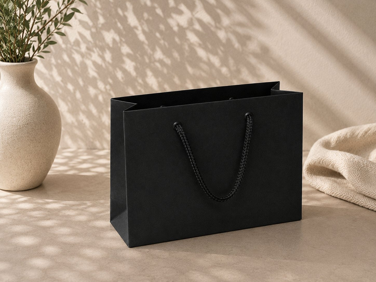 Eine schwarze Geschenktüte „Pure M“ in verschiedenen Farben von Artoz Papier AG mit geflochtenen Henkeln liegt auf einer beigen Unterlage neben einer cremefarbenen Vase mit grünen Zweigen und einem strukturierten beigen Tuch, während fleckiges Sonnenlicht zarte Schatten wirft.