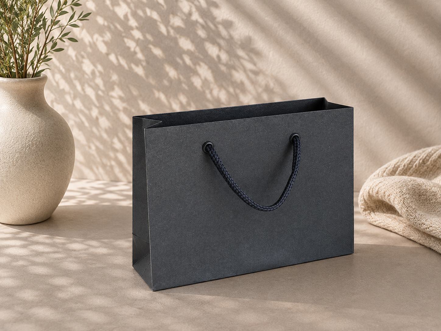 Eine Geschenktüte „Pure M“ der Artoz Papier AG in Schwarz mit Kordelgriffen liegt auf einer beigen Fläche neben einer strukturierten Vase mit grünen Zweigen und einem Stück beigem, strukturiertem Stoff, während das Sonnenlicht sanfte Schatten über die Szene wirft.