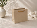 Un sac cadeau « Pure M » de la marque Artoz Papier AG, de couleur marron, repose sur une surface claire, à côté d'un vase blanc texturé rempli de feuilles vertes et d'un tissu de couleur crème, tandis que les ombres de la plante s'étendent sur toute la scène.