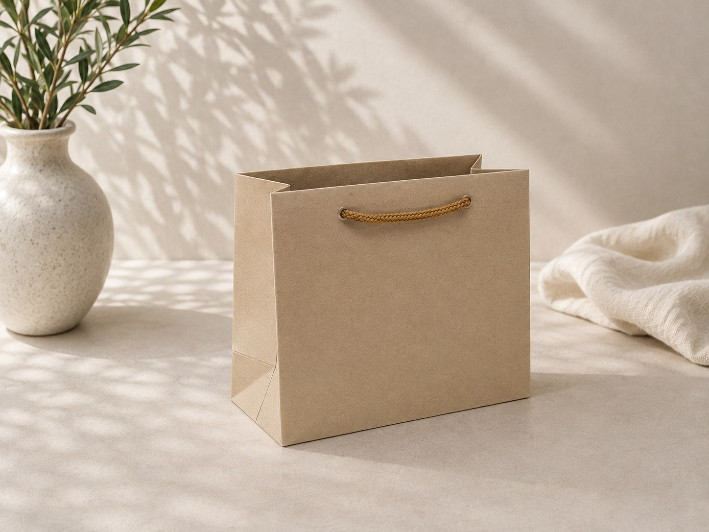 Eine „Geschenk-Tragetasche Pure M“ der Artoz Papier AG in Braun steht auf einer hellen Fläche neben einer weißen, strukturierten Vase, die mit grünen Blättern und einem cremefarbenen Tuch gefüllt ist, während sich die Schatten der Pflanze über die Szene erstrecken.